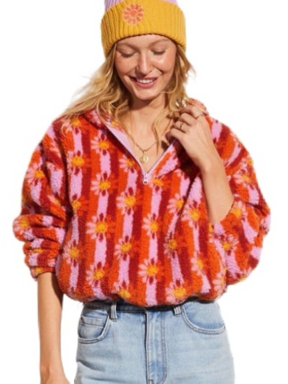Billabong Smiley Sherpa Hoodie in Orange, Pink & Yellow Size S